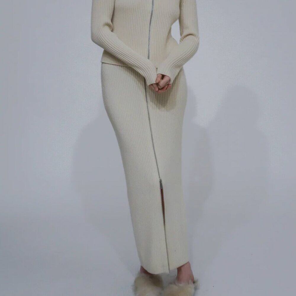 NWT Rosetta Getty Zip Up Maxi Skirt Wool Cashmere - Ivory